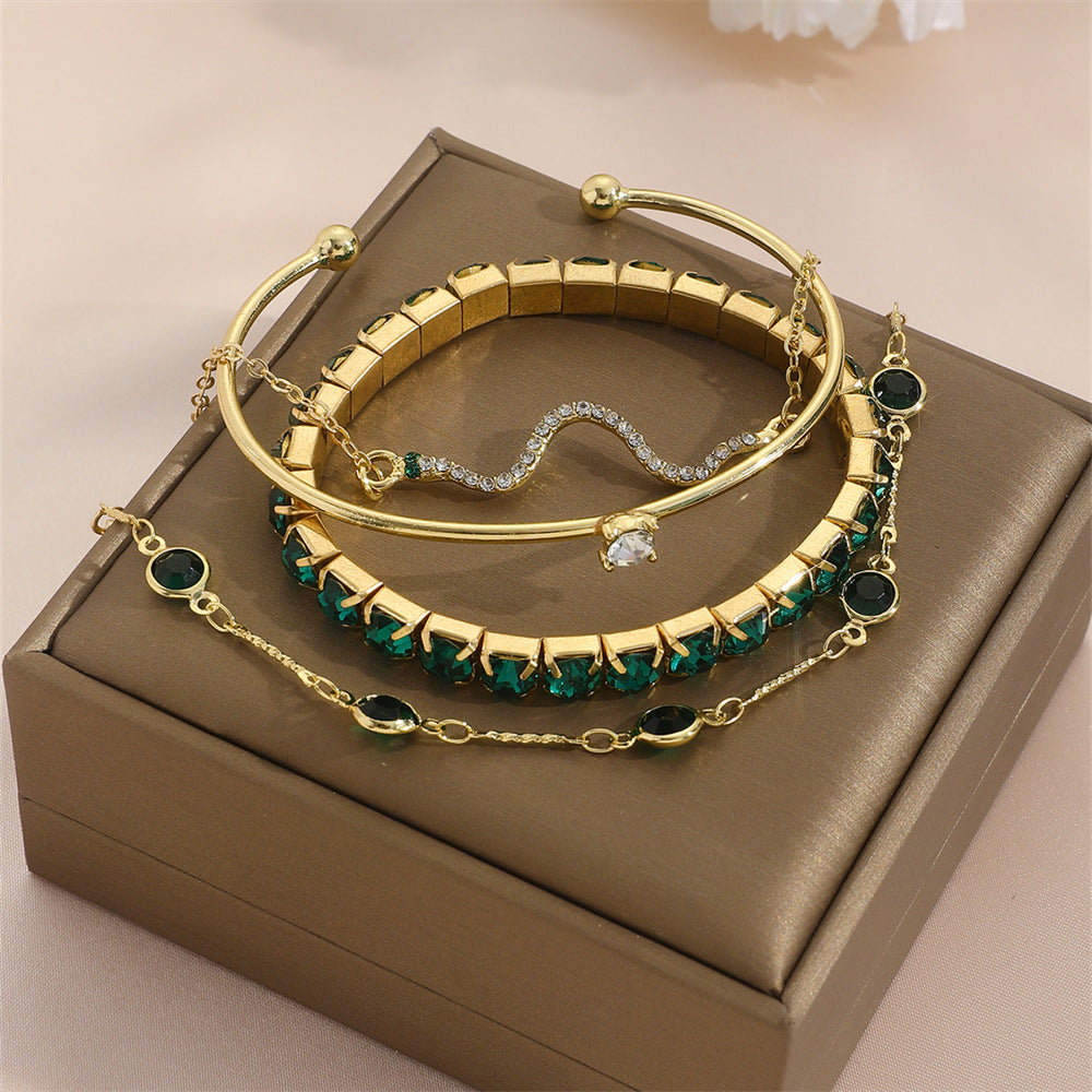 4pcs Bracelet Suit Fashion Green Grandmother Diamond Stretch Bracelet Women's Set