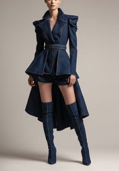 Sculptural Peplum Hem Tailored Denim Jacket & Shorts Set