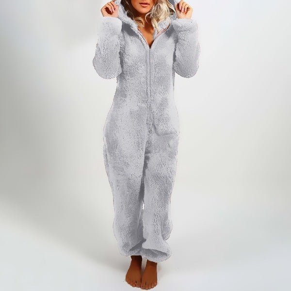 European And American Autumn Winter Women's Wear Fleece-lined Thick Furry Jumpsuit Hooded Cat Ear Pajamas