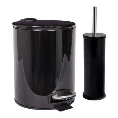 2pc 5L Black Round Stainless Steel Pedal Bin & Toilet Brush Set