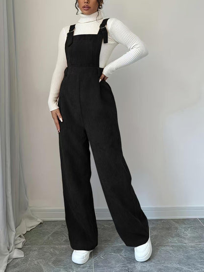 Corduroy Loose Straight Bib Pants Women