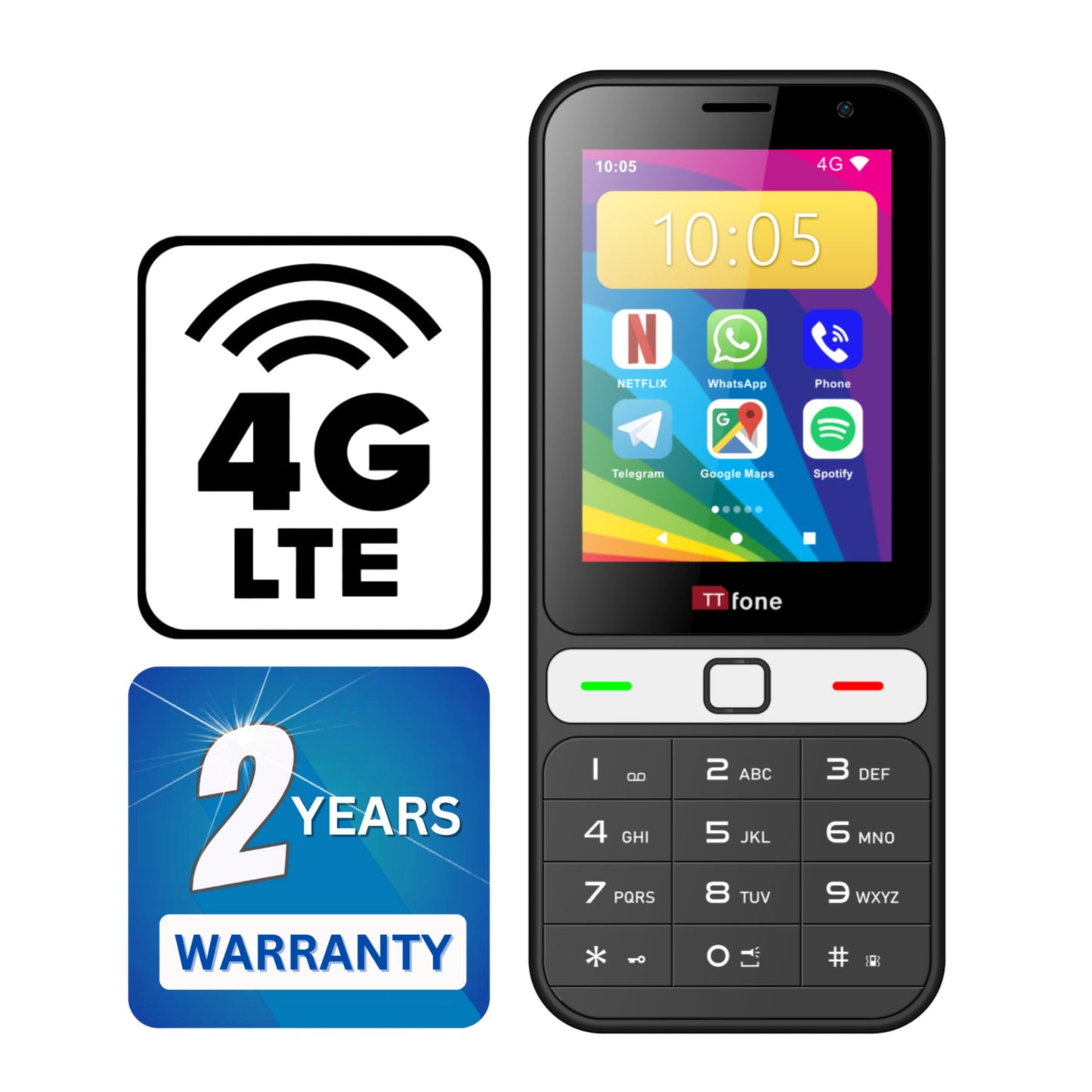 TTfone TT280  Simple 4G Dual SIM Bar Phone with Android, 2.8" Touchscreen, Keypad, 2MP Camera, USB-C - Easy to Use Unlocked Mobile (with USB Cable and EE Sim Card)