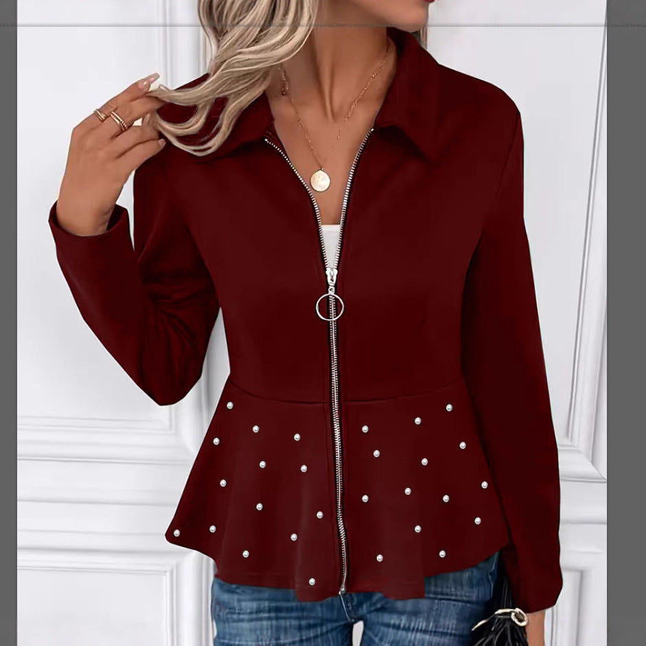 Women's Beaded Heavy-duty Zipper Ruffled Hem Coat
