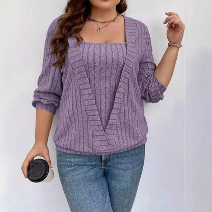 Solid Color Rib Fabric V-neck Long Sleeve False Two-piece Suit