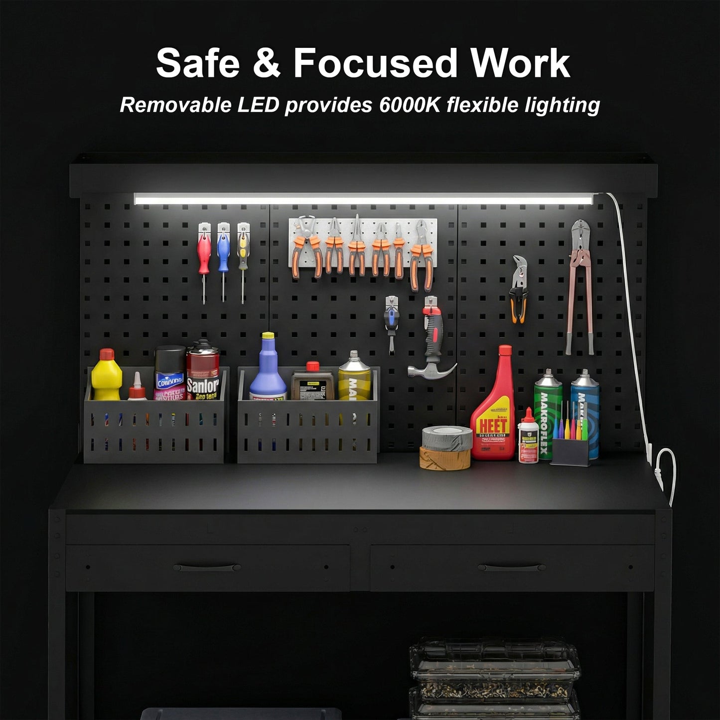HOMCOM 110 cm Workbench with Pegboard, Heavy Duty Work Table with Power Strip and LED Light, Black
