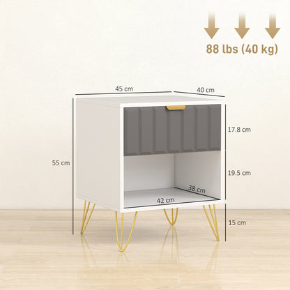 HOMCOM Bedside Table Modern Bedside Cabinet with Drawer and Open Compartment, 45 x 40 x 55, White