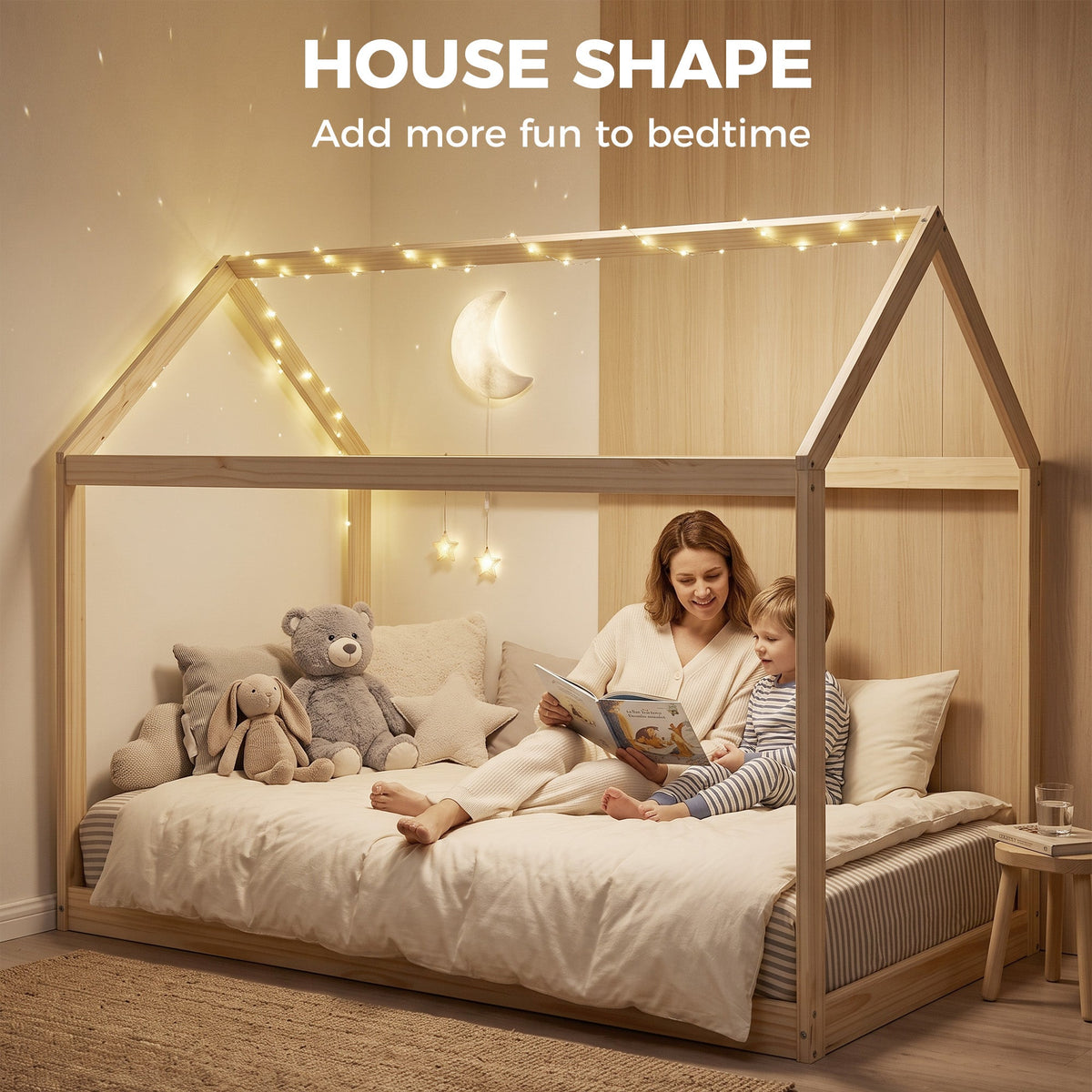HOMCOM Single Bed Frame, House Scandinavian Wooden Bed Frame for 90W x 190Dcm Mattress, Pine Wood Bed Base, Natural Wood Finish