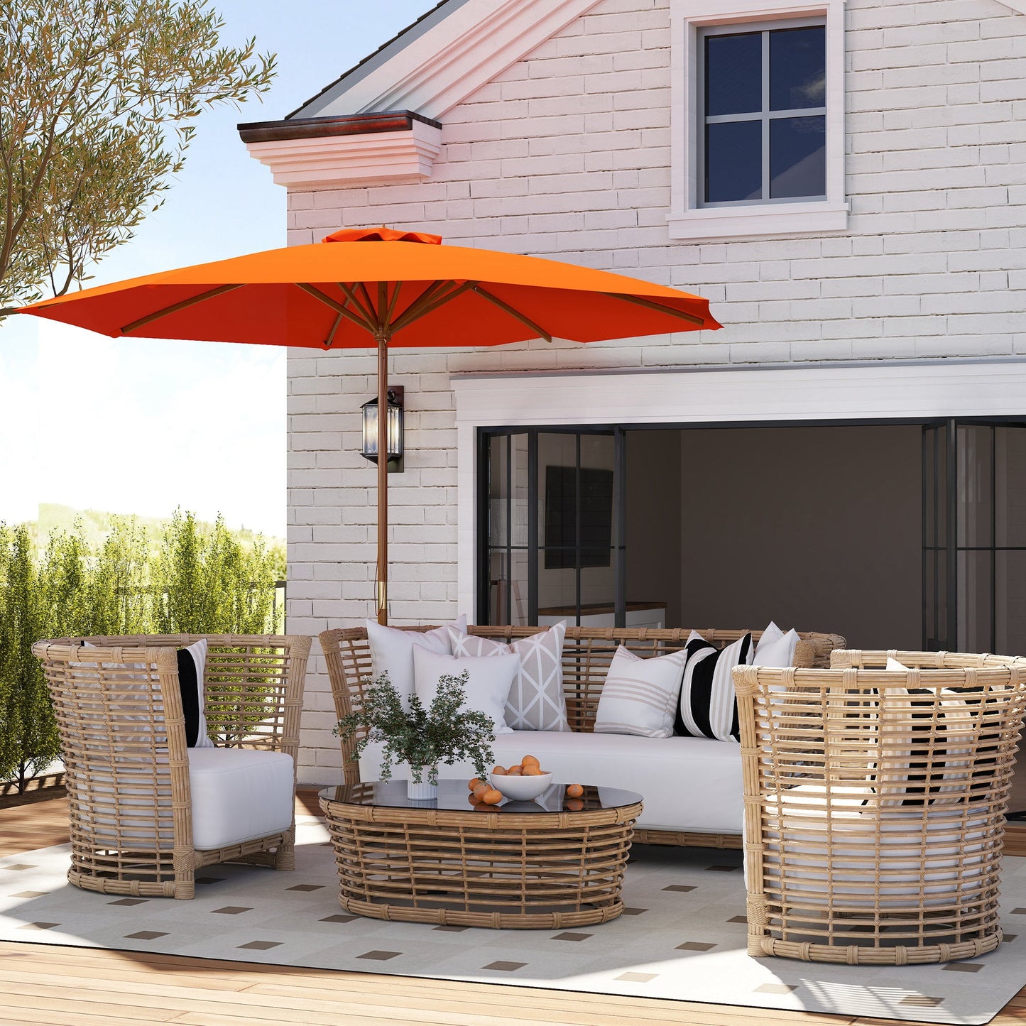 Outsunny 3m Wood Pole Parasol Umbrella - Orange