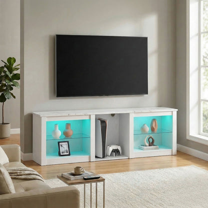 HOMCOM 70in TV Stand, with LED Lights and Storage - White