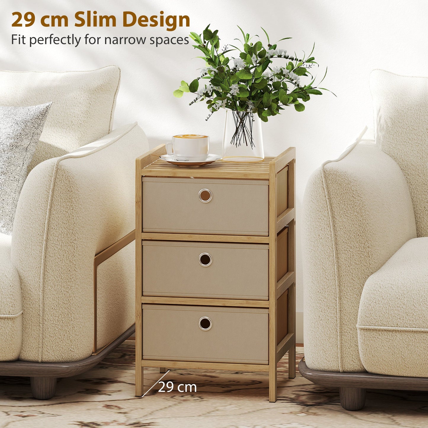 HOMCOM Chest of Drawers, 3 Fabric Drawers Narrow Dresser with Bamboo Frame, Cream White
