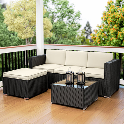 Outsunny 3 Pieces Garden Furniture Set w/ Cushions, PE Rattan Wicker Conversation Corner Sofa Set