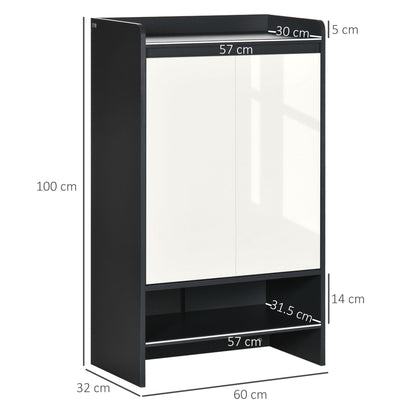 HOMCOM High Gloss Shoe Cabinet with White Doors and Open Shelves, Hallway Shoe Cupboard Storage Organiser for 15 Pairs of Shoes, Grey