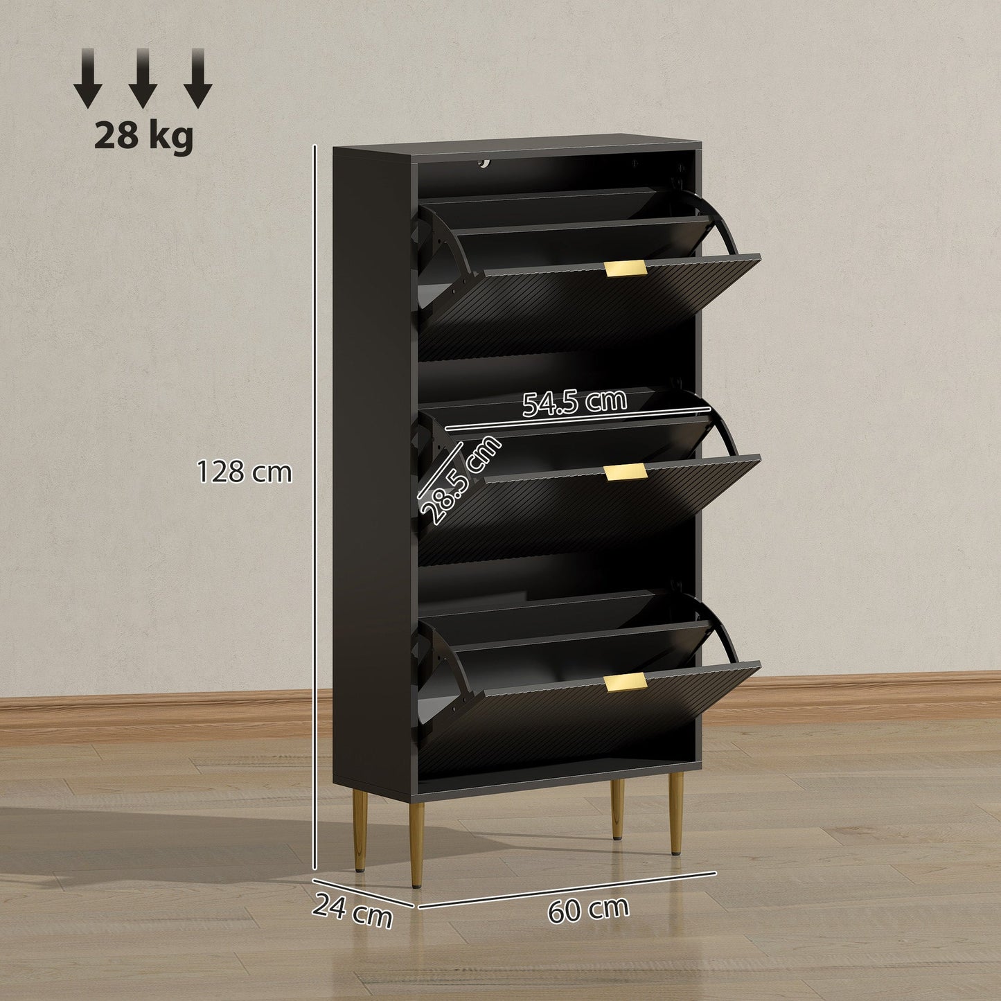 HOMCOM Narrow Shoe Cabinet with 3 Flip Drawers - Black