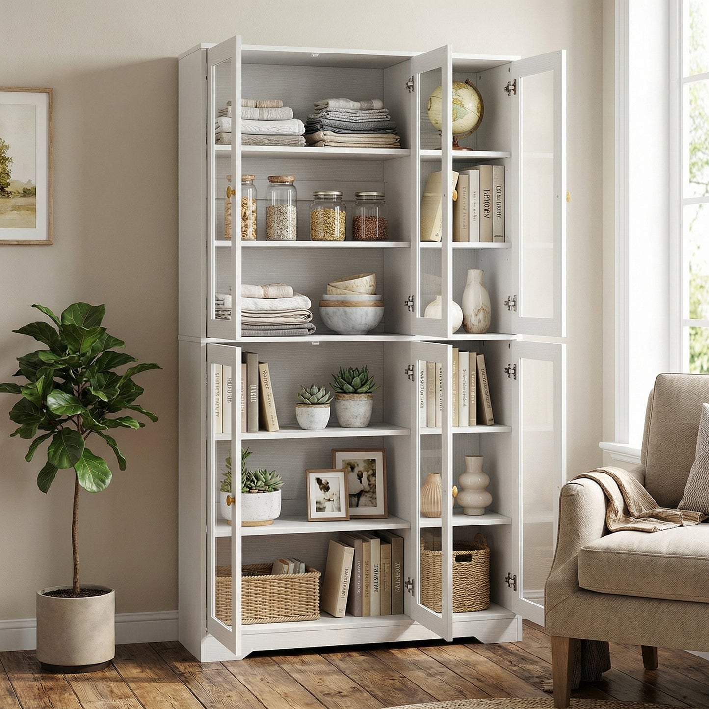 HOMCOM Multi-Storage Kitchen Cabinet, with Glass Doors - White Wood-Effect