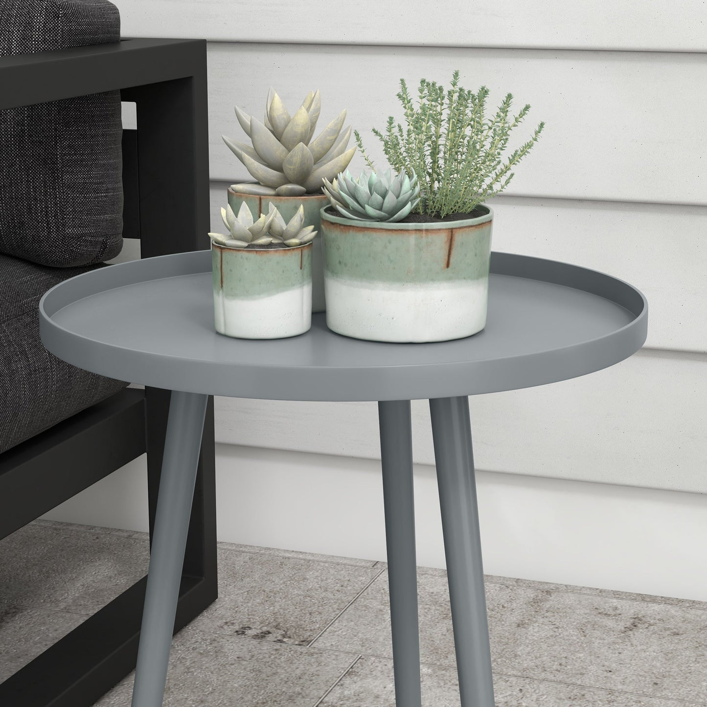 Outsunny Round Garden Coffee Table, Outdoor Side Table with Rounded Steel Edge, Ø40 x 50H cm, Grey