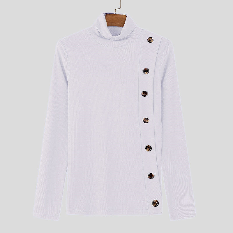 European And American Men Casual Sweater Turtleneck Buttons Solid Color Long Sleeve