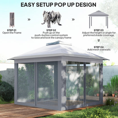 Outsunny 3.3 x 3.3m Pop Up Gazebo, Double Roof Foldable Canopy Tent with Zipped Mesh Sidewalls, Height Adjustable and Carrying Bag, Event Tent for Patio Garden, Grey