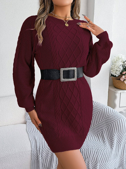 Women Solid Color Cable Knit Cinched Lantern Sleeve Sweater Dress