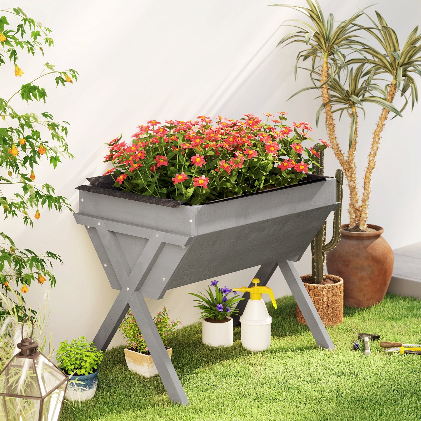 Outsunny Wooden Raised Garden Bed with Bed Liner, Elevated Planter Box with Legs, Light Grey