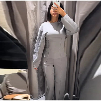 Fashion Long Sleeve O-neck Pleated Top Wide Leg Pants Women's Suit