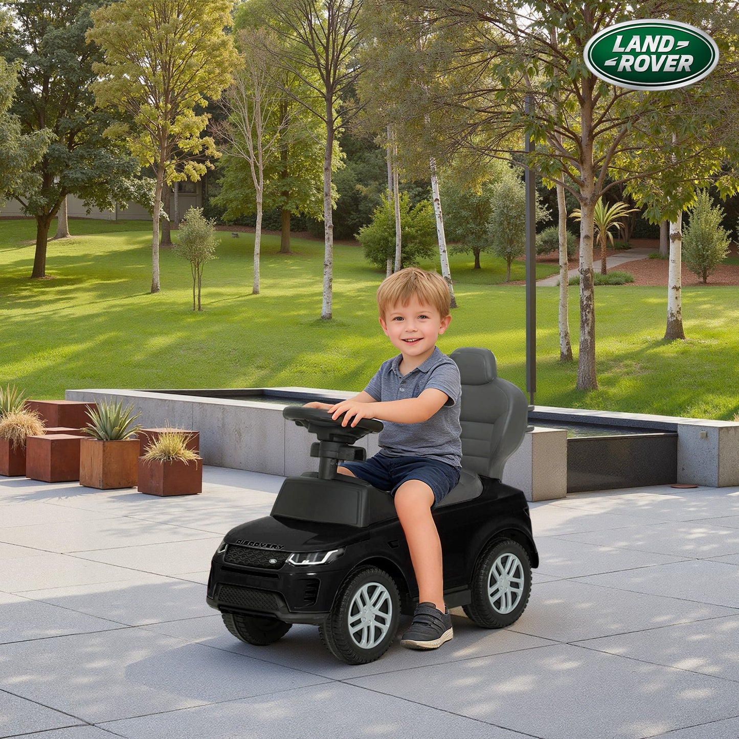 AIYAPLAY Land Rover Discovery Licensed Baby Push Car, 2-in-1 Ride on Car with Push Handle and Safety Guardrail, Black