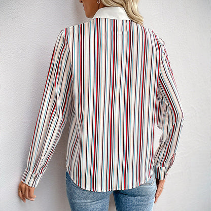 Lapel Color Vertical Striped Shirt For Women