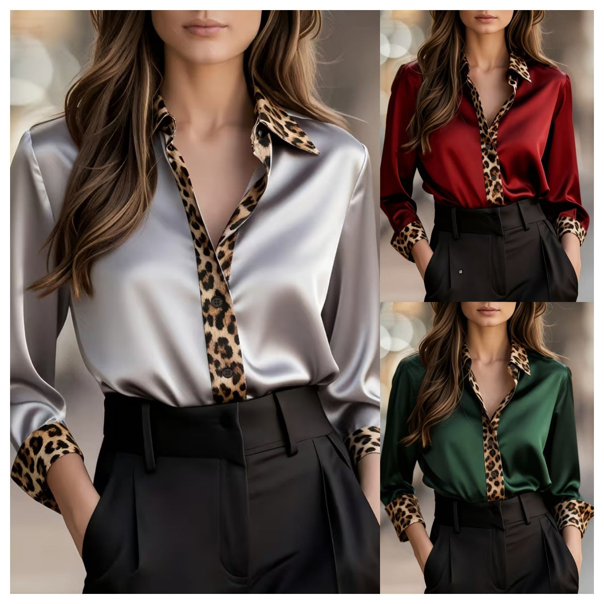 Womens Long-Sleeve Leopard-Print Crew-Neck Spliced Satin Shirt
