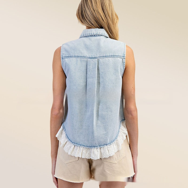Patchwork Denim Sleeveless Shirt