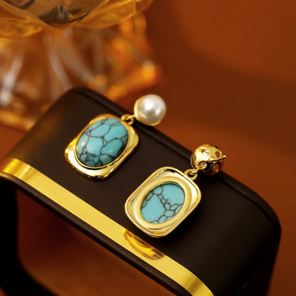 French Vintage Oval Turquoise Pearl Earrings