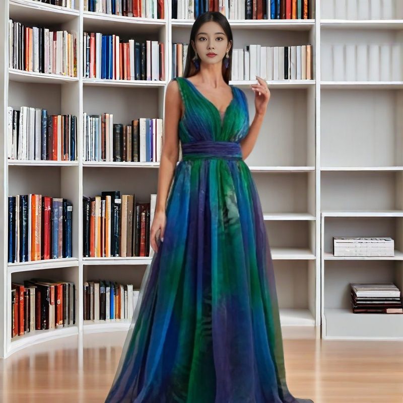 Deep V-neck Backless Printing Chiffon Big Swing Dress