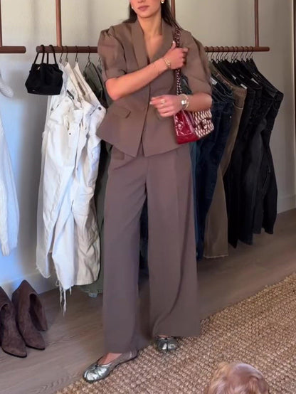Brown Short-sleeved Blazer & High-waisted Pants Suit