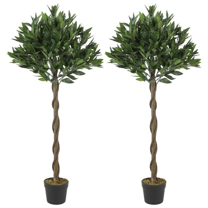 Outsunny Artificial Bay Laurel Topiary Trees with Twisted Trunk, Realistic Lush Topiary Ball Tree with Weighted Pot, Set of 2