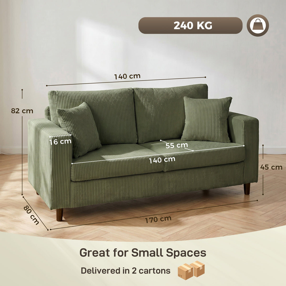 HOMCOM Loveseat Sofa with Wide Seat, Corduroy 2 Seater Couch with Deep Seat, Spring Cushion, Green