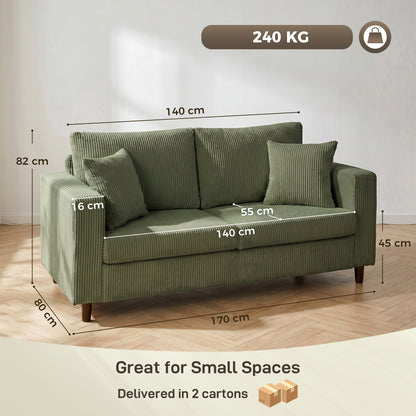 HOMCOM Loveseat Sofa with Wide Seat, Corduroy 2 Seater Couch with Deep Seat, Spring Cushion, Green
