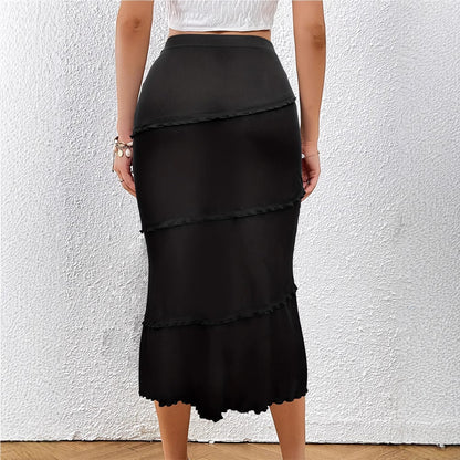 Womens Solid-Color Multi-Layer Patchwork Ruffle-Trim Knitted Fishtail Skirt