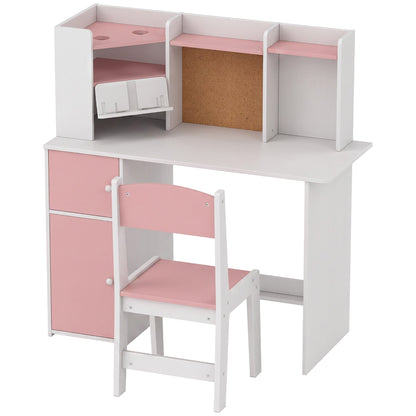AIYAPLAY Kids Desk and Chair Set Storage Shelves Kids Desk Adjustable Tablet Stand Cork Board Pen Holder Pink