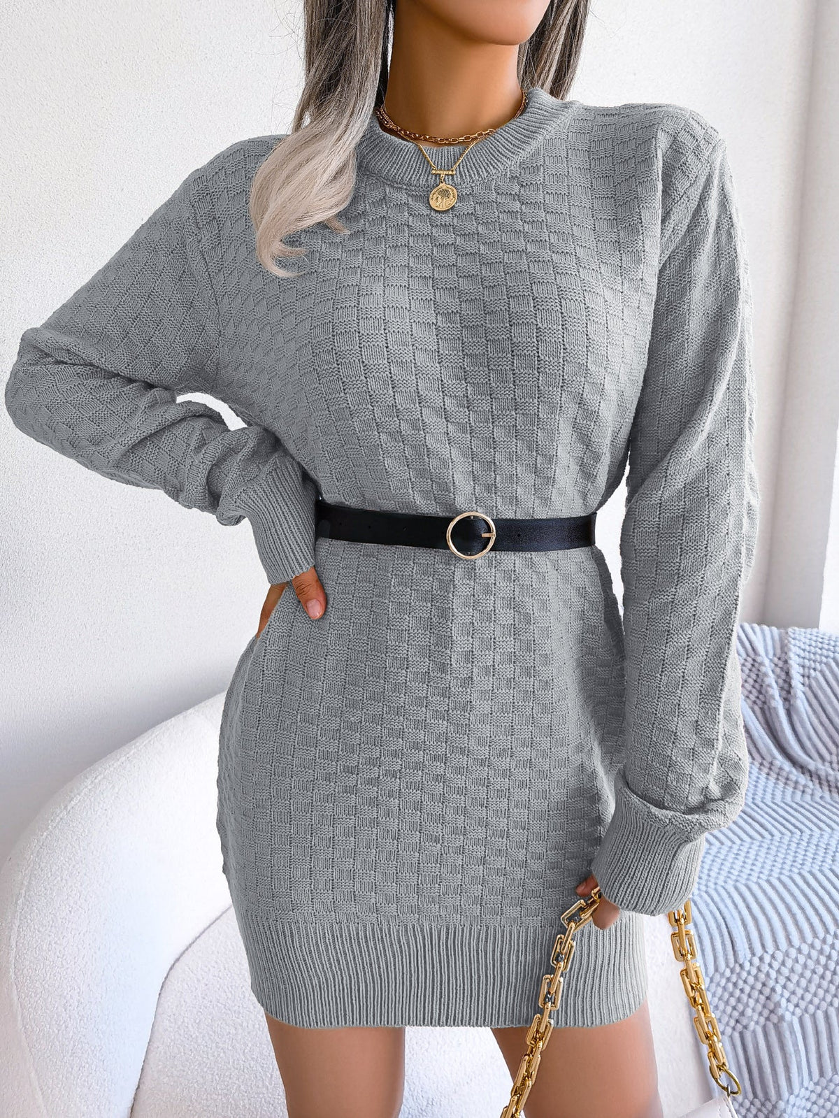 Women's Solid Color Plaid Long Sleeve Knitted Slip Dress