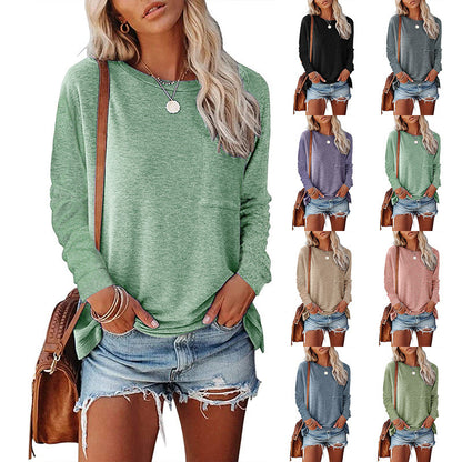 Pocket Split Long-sleeved Casual Bottoming T-shirt