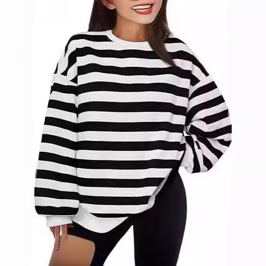 Women's Crew-neck Pullover Casual Striped Sweatshirt