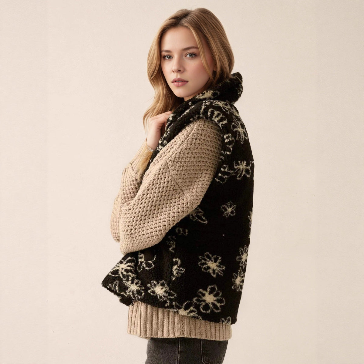 Fashion Polo Collar Flower Print Lamb Wool Vest