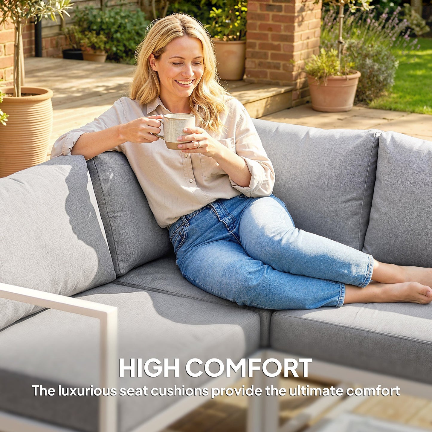 Outsunny 5 Seater Aluminium Garden Furniture Set, Garden Sofa Set with Thick Cushions for Patio and Balcony, Outdoor, Light Grey