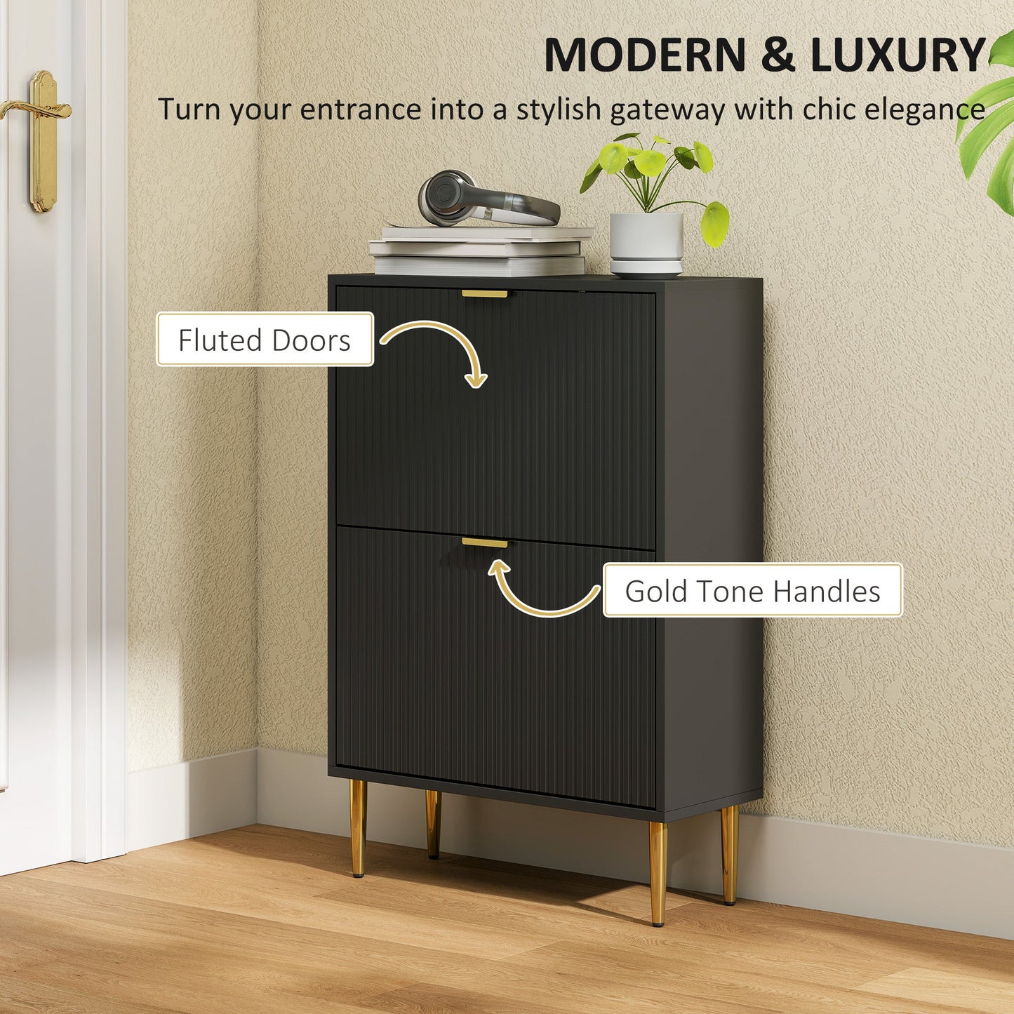 HOMCOM Narrow Shoe Cabinet with 2 Flip Drawers - Black