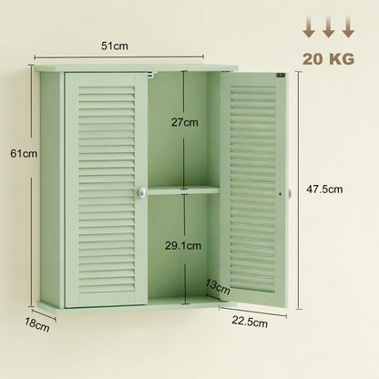 HOMCOM Bathroom Cabinet, Bathroom Wall Cabinet with Louvered Doors and Adjustable Shelf Storage for Kitchen, Light Green