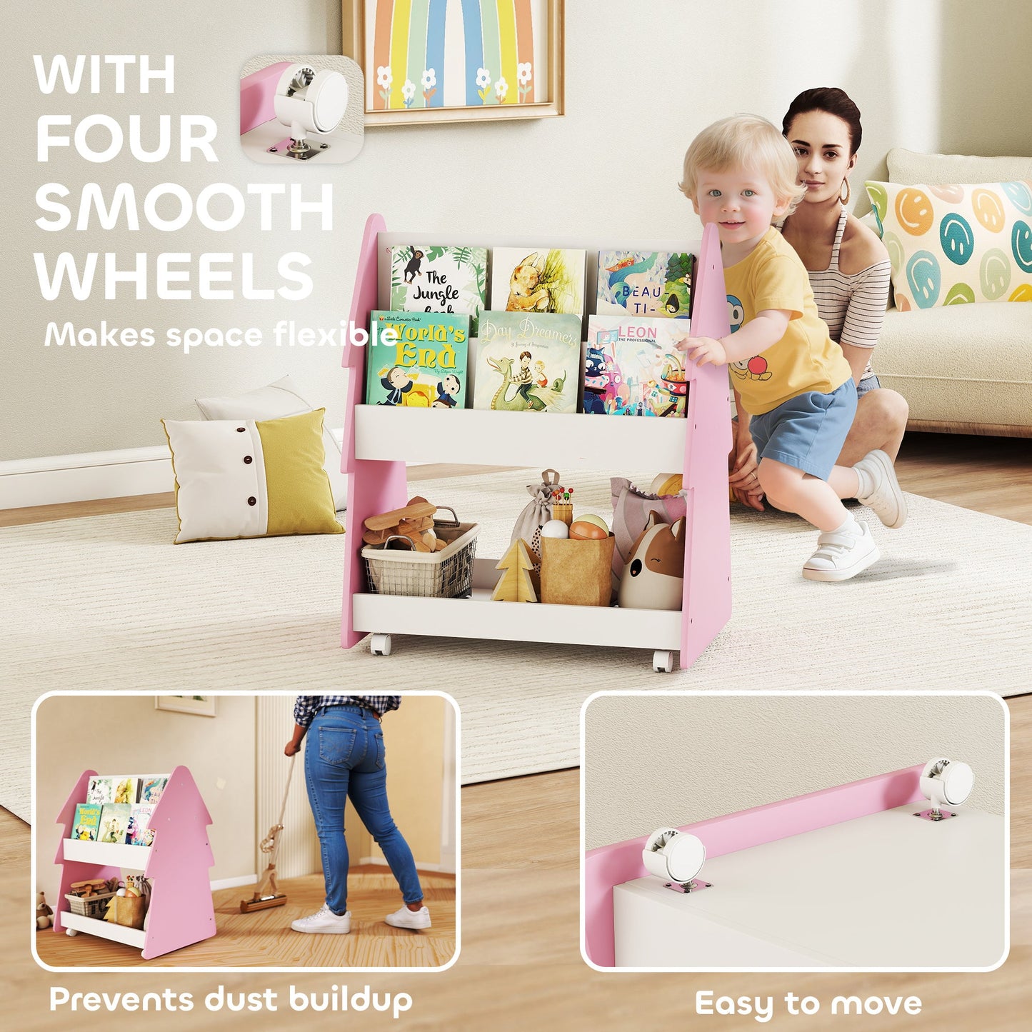 AIYAPLAY Kids Bookshelf with Toy Storage, Double-Sided Bookcase with Wheels, 3 Tier Kids Book Rack for Bedroom, Pink