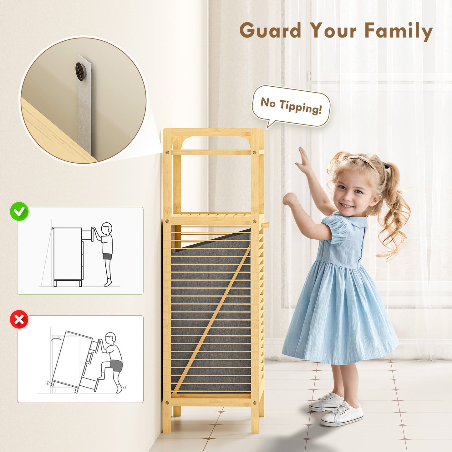 HOMCOM Bamboo Laundry Cabinet with Slatted Door, Bathroom Cabinet with Tilt-Out Hamper and Removable Liner Bag, 40 x 30D x 95 cm, Natural Wood Finish