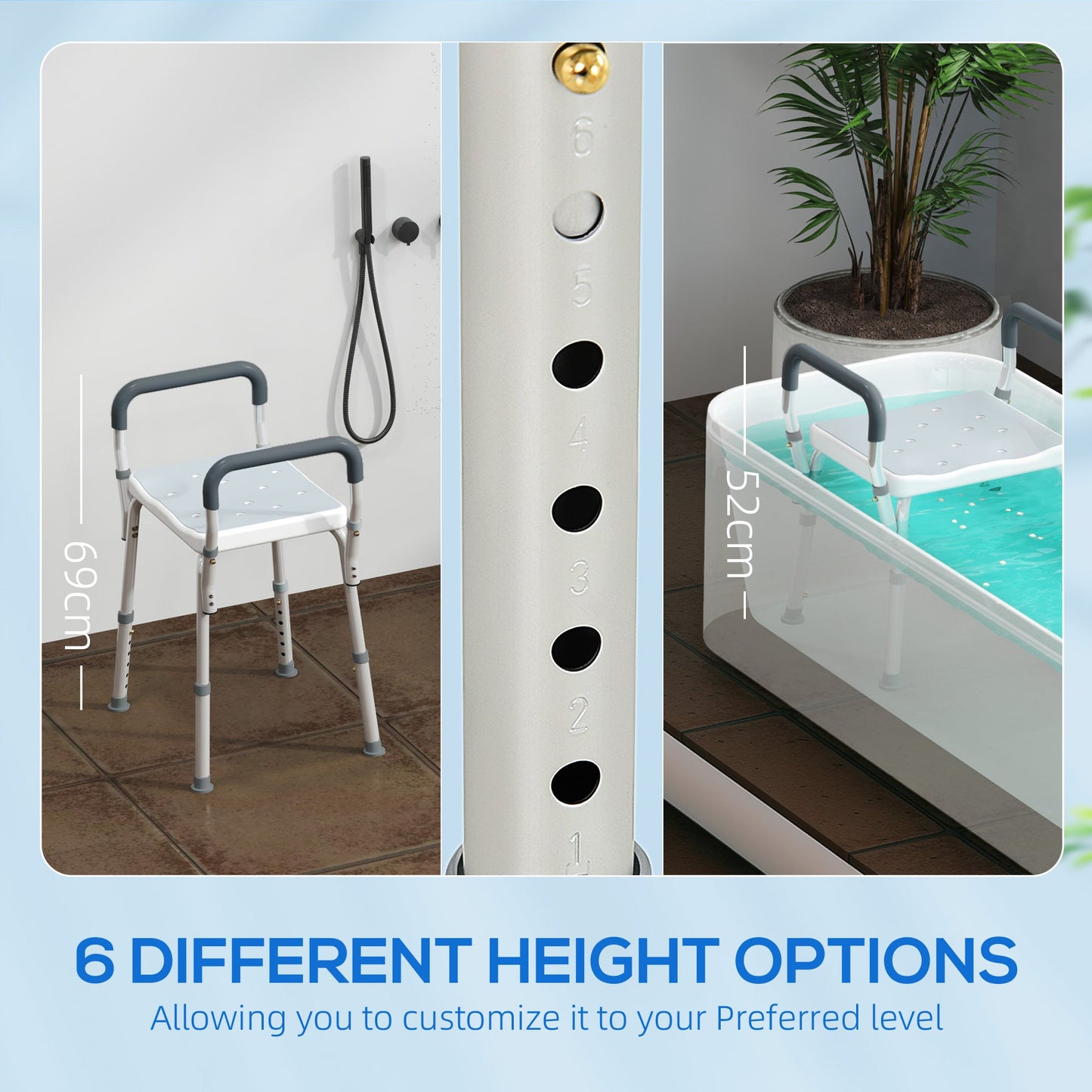 HOMCOM 57-69cm Aluminium Frame Bath Seat - Light Blue