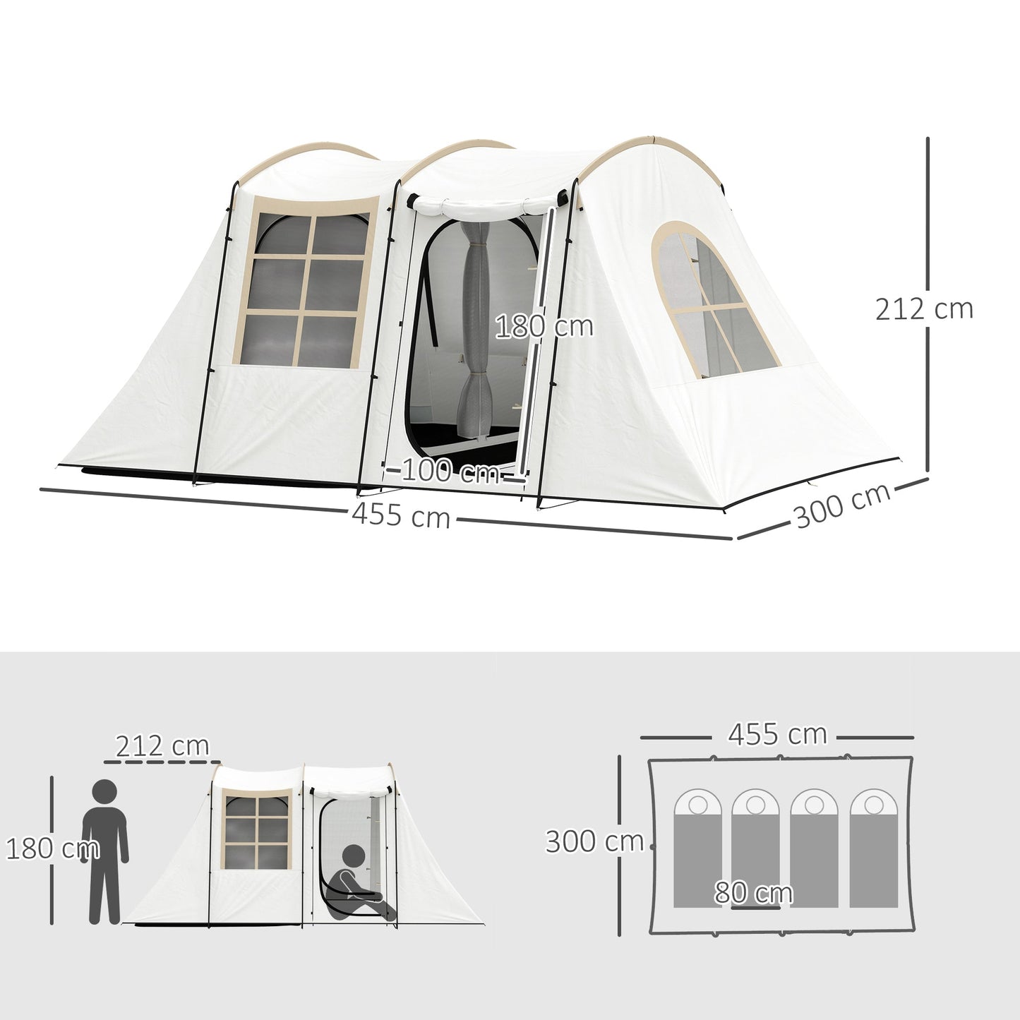 Outsunny 3-4 Man Tunnel Tent, Family Camping Tent with Porch, Bedroom and Living Area, Sewn in Groundsheet, 3000mm Waterproof, Portable with Bag for Hiking, Festival, Backpacking, Khaki