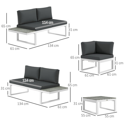 Outsunny 4 Pieces Patio Garden Set with 5-Level Recline Corner Sofa, Outdoor Garden Lounge Sectional Conversation Sofa Set with Cushions, Wood Grain Plastic Table, White  Frame Grey Cushion