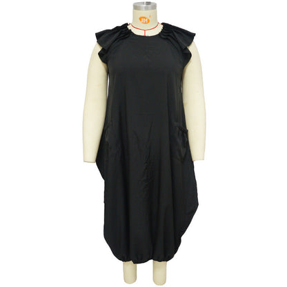 Women's Plus-Size Solid-Color Loose Dress With Two Pockets