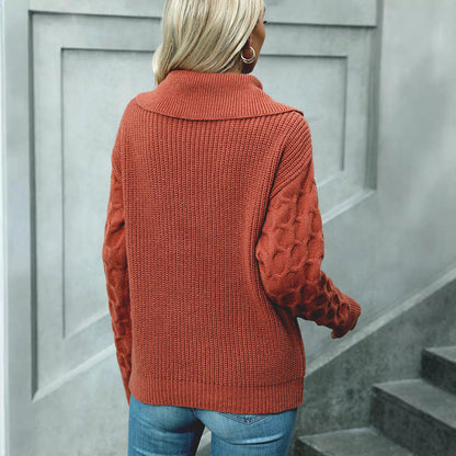 Customizable Zippered POLO Sweater With Large Lapel And Textured Knit Pullover
